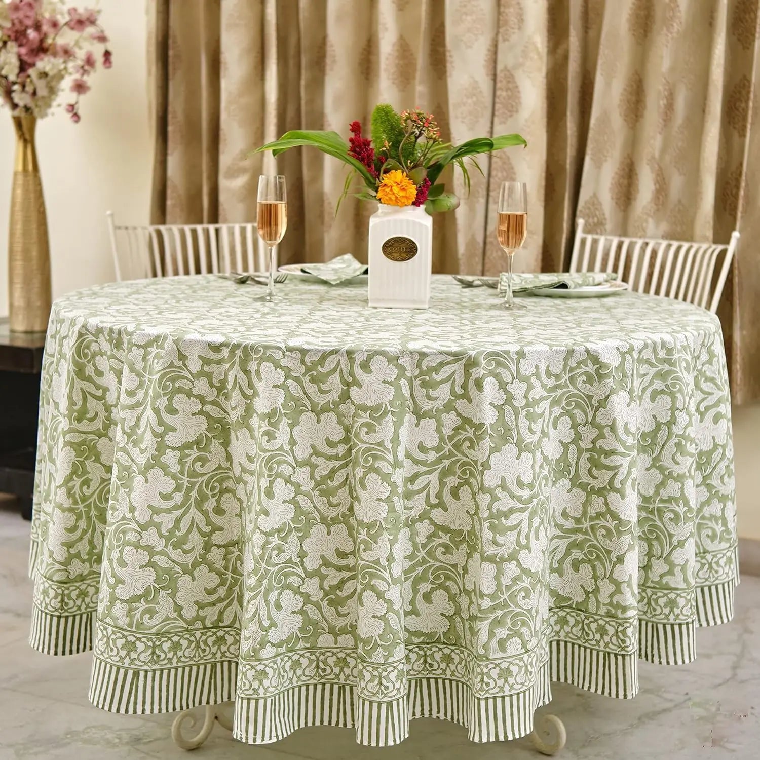 Pemberley Charleston Hand Block Print Round Tablecloth  - Handcrafted Luxury Home Decor