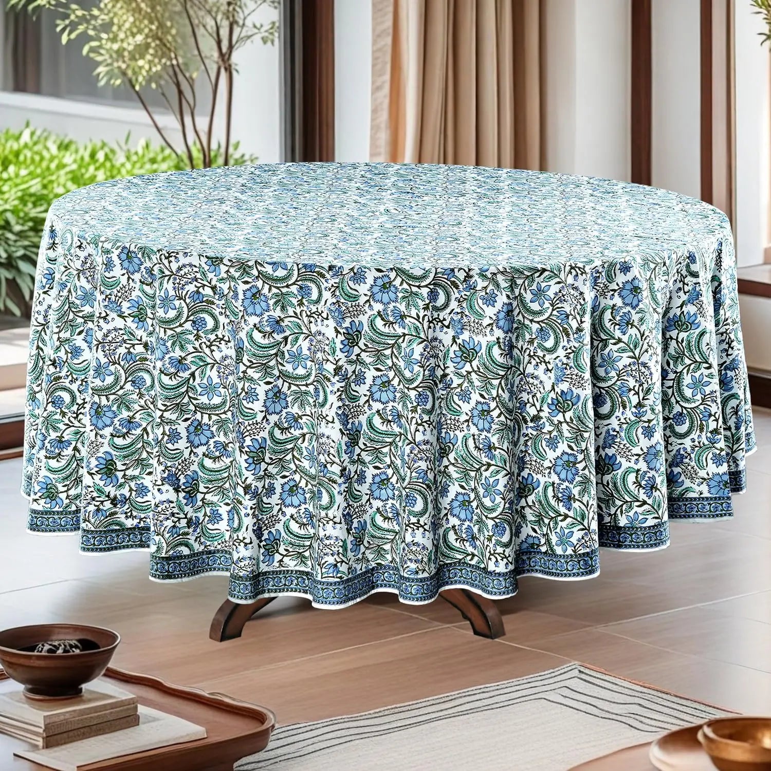 Pemberley Charleston Hand Block Print Round Tablecloth  - Handcrafted Luxury Home Decor