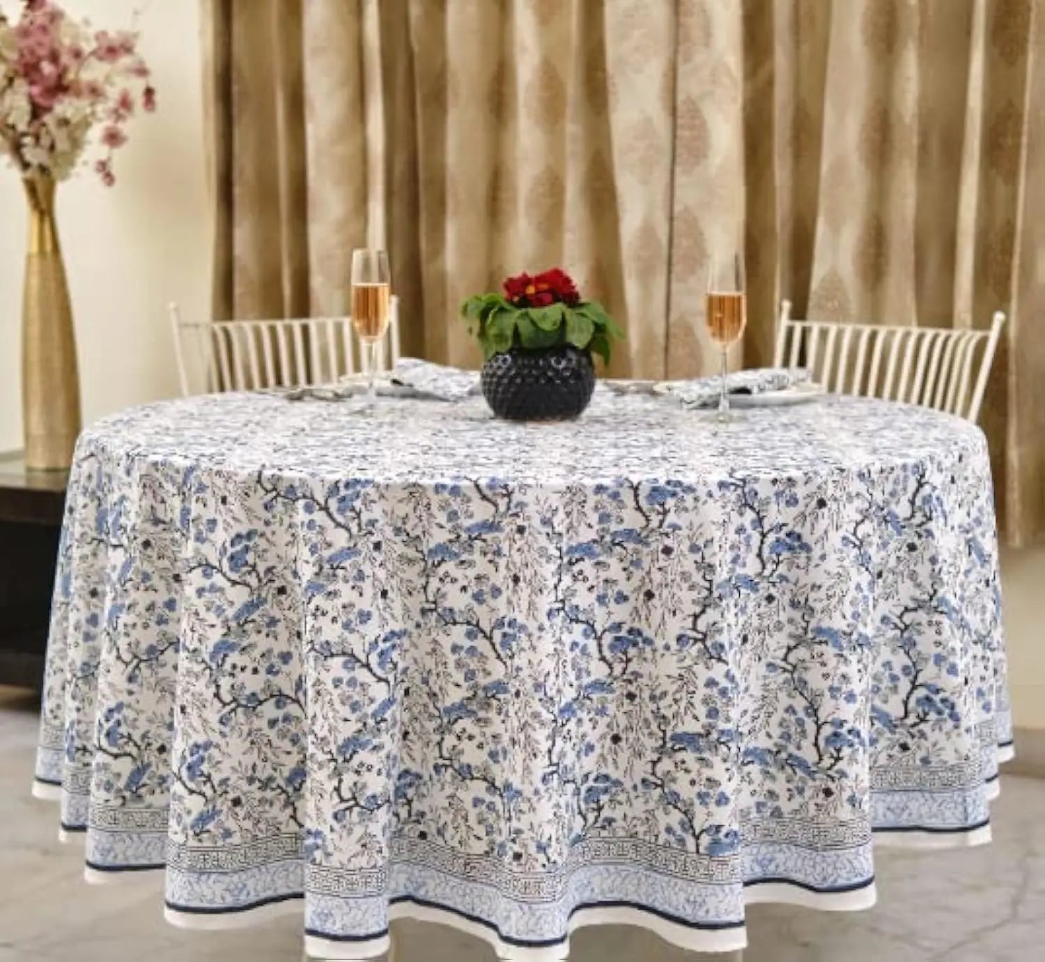 Pemberley Charleston Hand Block Print Round Tablecloth  - Handcrafted Luxury Home Decor