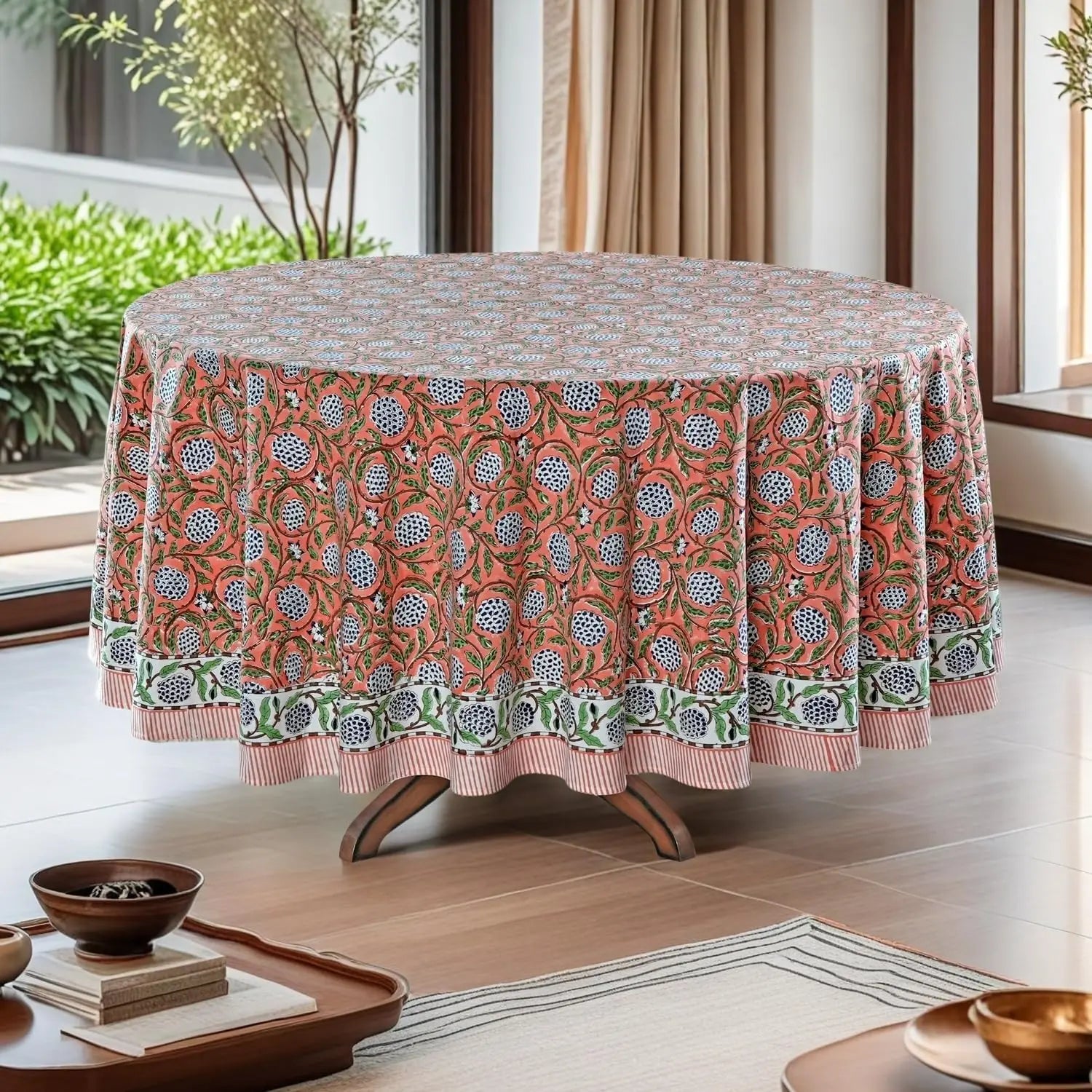 Pemberley Charleston Hand Block Print Round Tablecloth  - Handcrafted Luxury Home Decor
