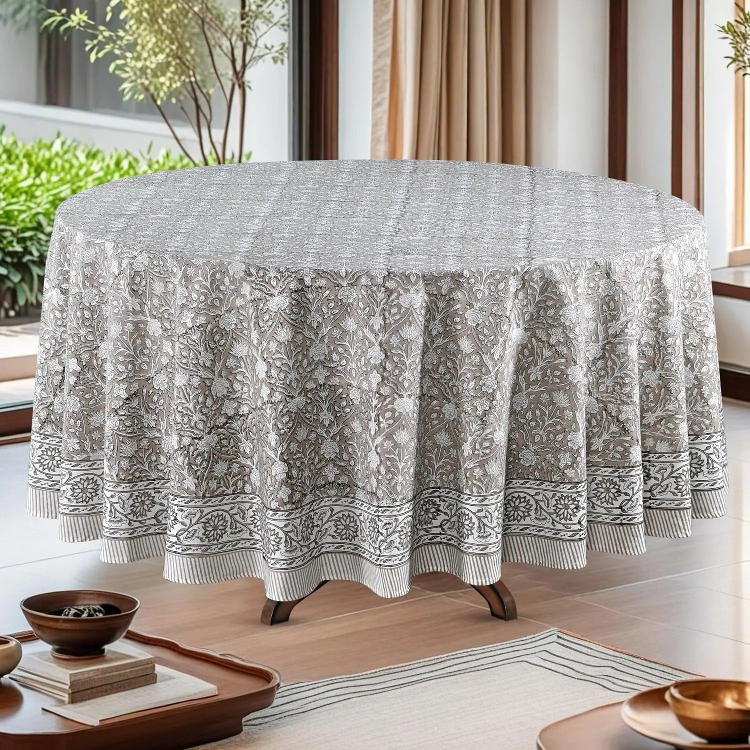 Pemberley Charleston Hand Block Print Round Tablecloth  - Handcrafted Luxury Home Decor