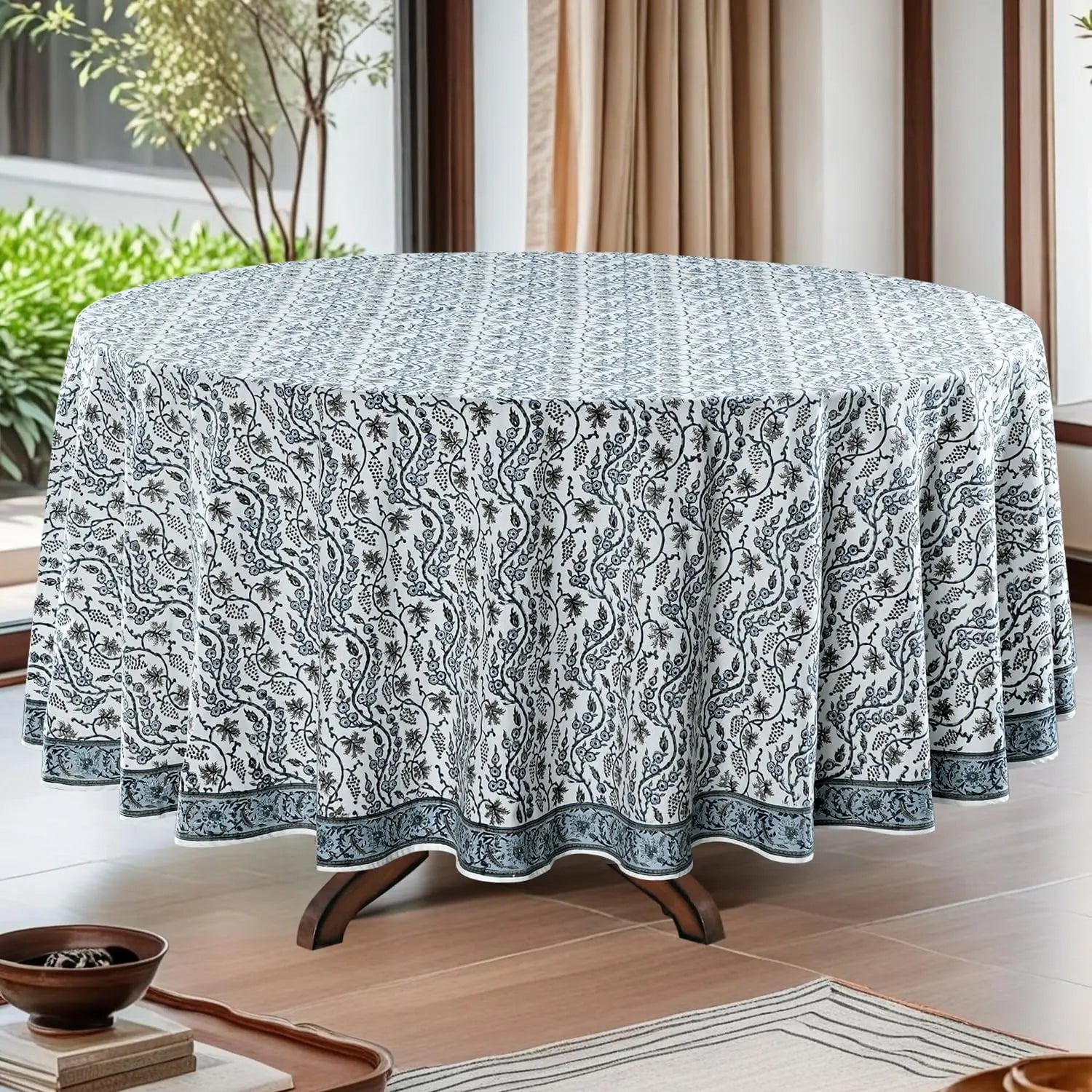 Pemberley Charleston Hand Block Print Round Tablecloth  - Handcrafted Luxury Home Decor