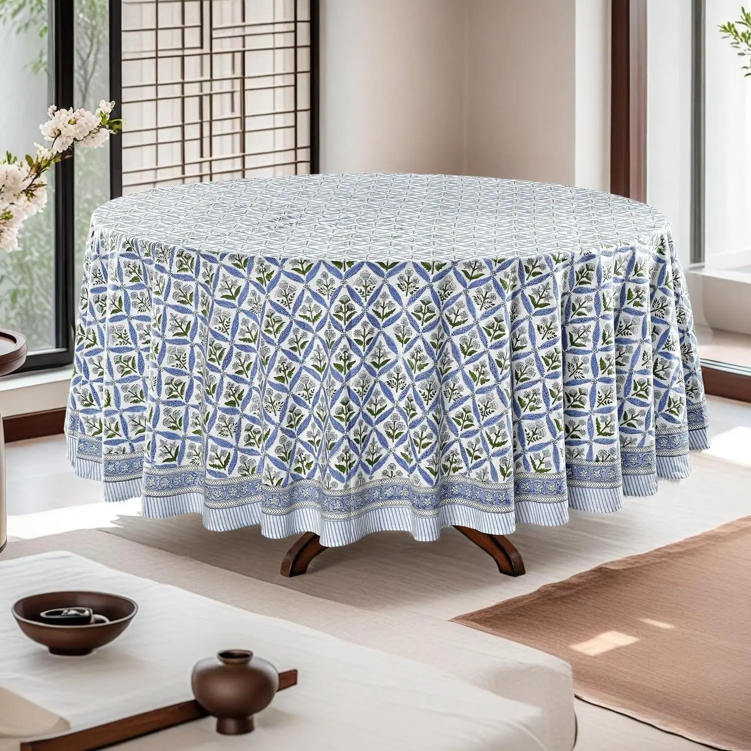 Pemberley Charleston Hand Block Print Round Tablecloth  - Handcrafted Luxury Home Decor