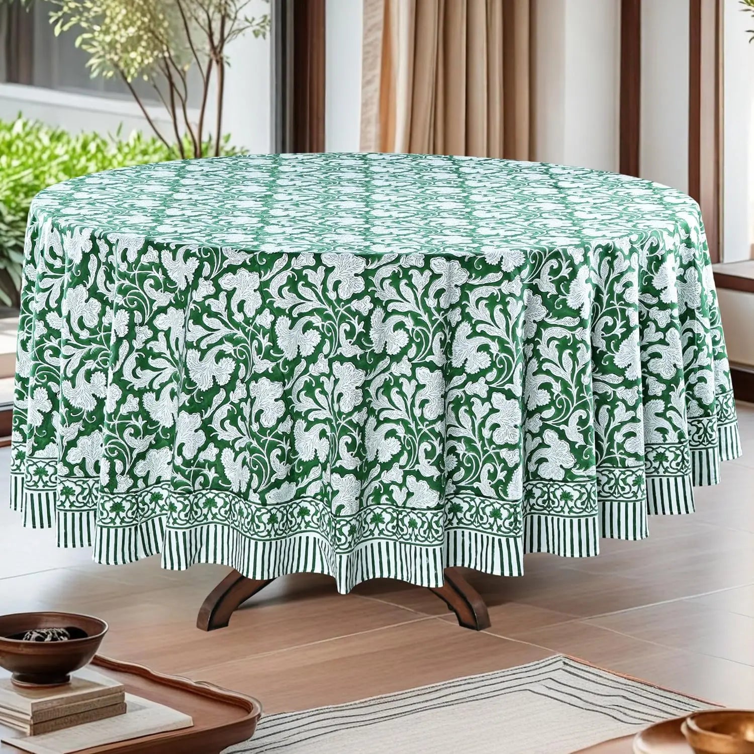 Pemberley Charleston Hand Block Print Round Tablecloth  - Handcrafted Luxury Home Decor
