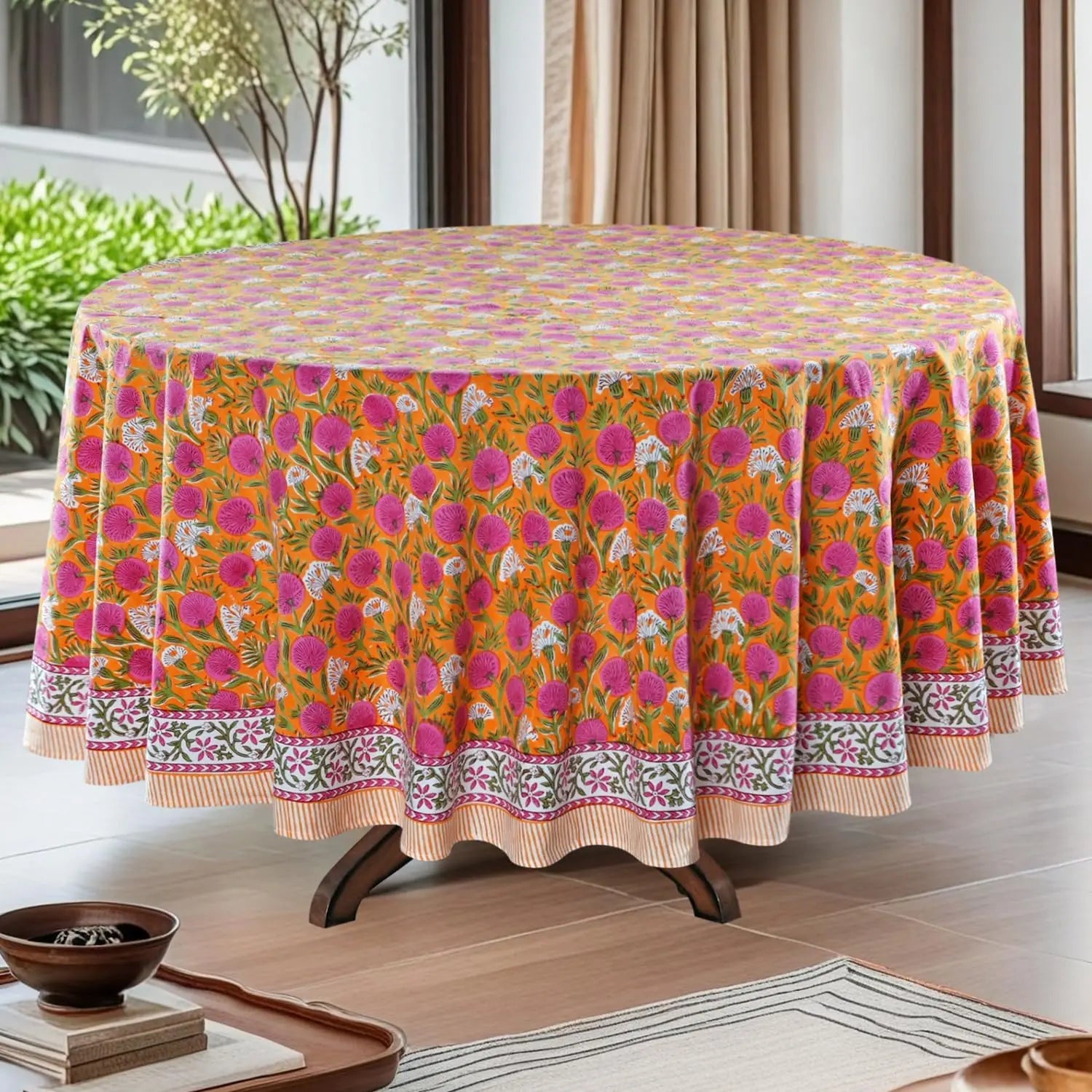 Pemberley Charleston Hand Block Print Round Tablecloth  - Handcrafted Luxury Home Decor