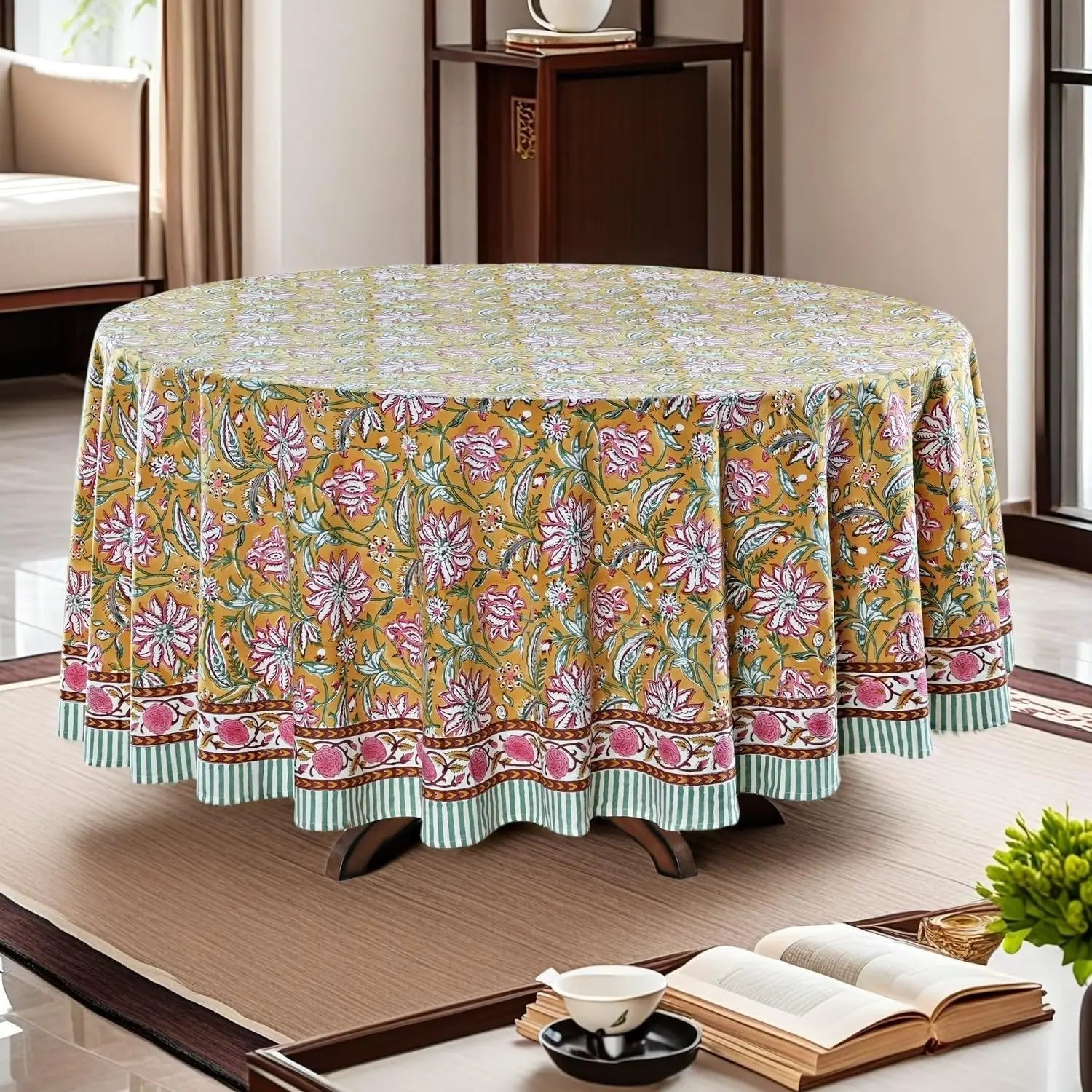 Pemberley Charleston Hand Block Print Round Tablecloth  - Handcrafted Luxury Home Decor