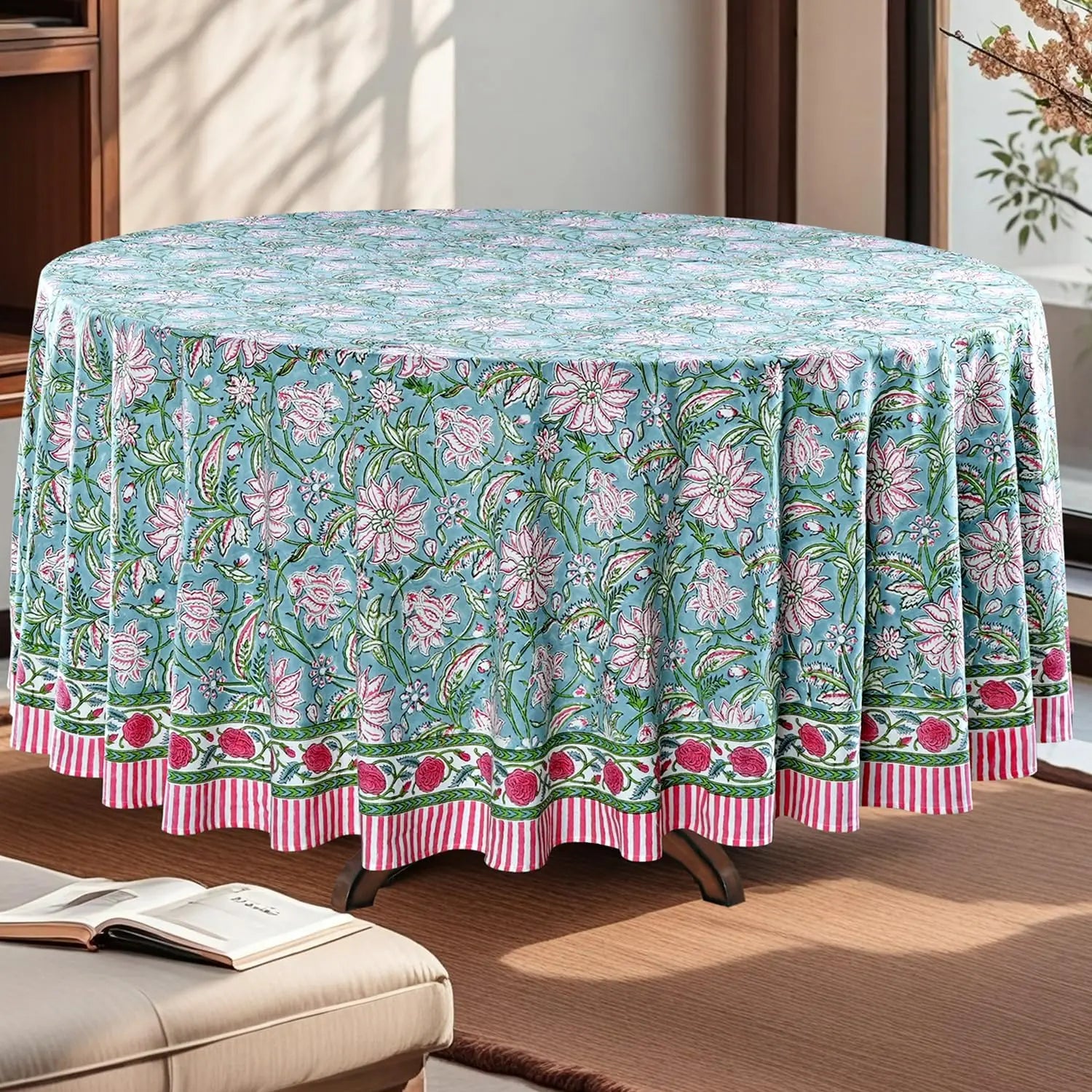 Pemberley Charleston Hand Block Print Round Tablecloth  - Handcrafted Luxury Home Decor